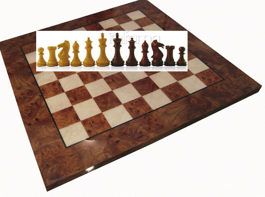 Komplett schack set E002 Schackbräde i Ljungträ och Alm 60x60 cm, blank yta, Pjäser i Rosenträ Kungens höjd 10cm