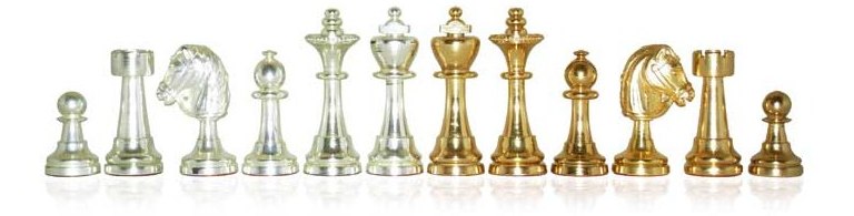 Schackpjäser i massiv mässing, platinerade i guld och silver Medium Staunton set