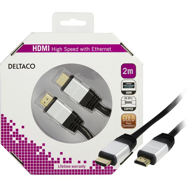DELTACO HDMI 1.4-kabel, HDMI Type A ha, guldpläterad, 2m, svart